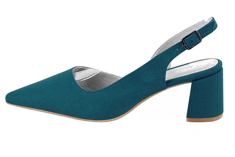Peacock blue women's slingback shoes. Pointed toe. Medium flare heels. Profile view - Florence KOOIJMAN